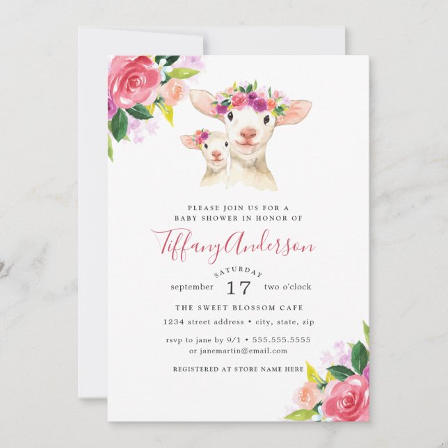 Invitation Baby shower Floral Sweet Maman Et Bébé Lamb (Devant)