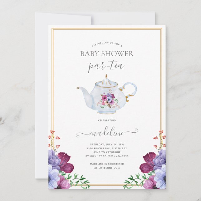 Invitation Baby shower Floral Tea Party (Devant)