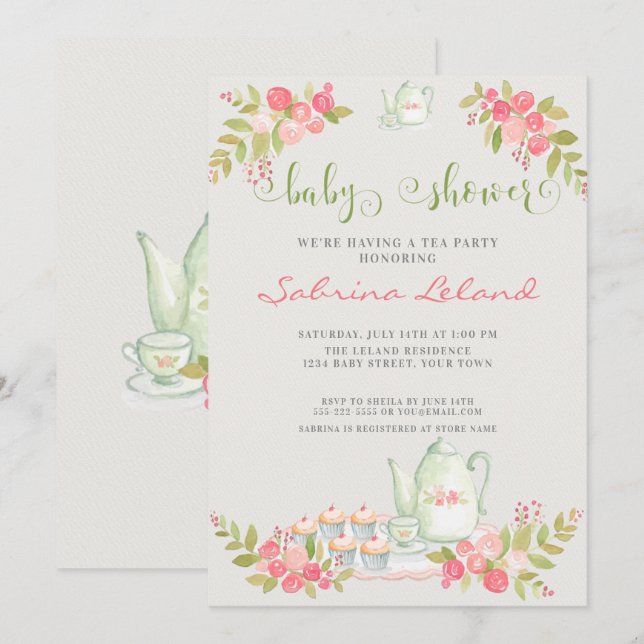 Invitation Baby shower Floral Tea Party (Devant / Derrière)