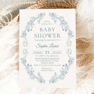 Invitation Baby shower Floral Toile Bleu Chinoiserie