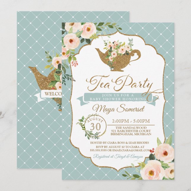 Invitation Baby shower floral Turquoise Blue Blush (Devant / Derrière)