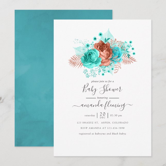 Invitation Baby shower floral turquoise et corail (Devant / Derrière)