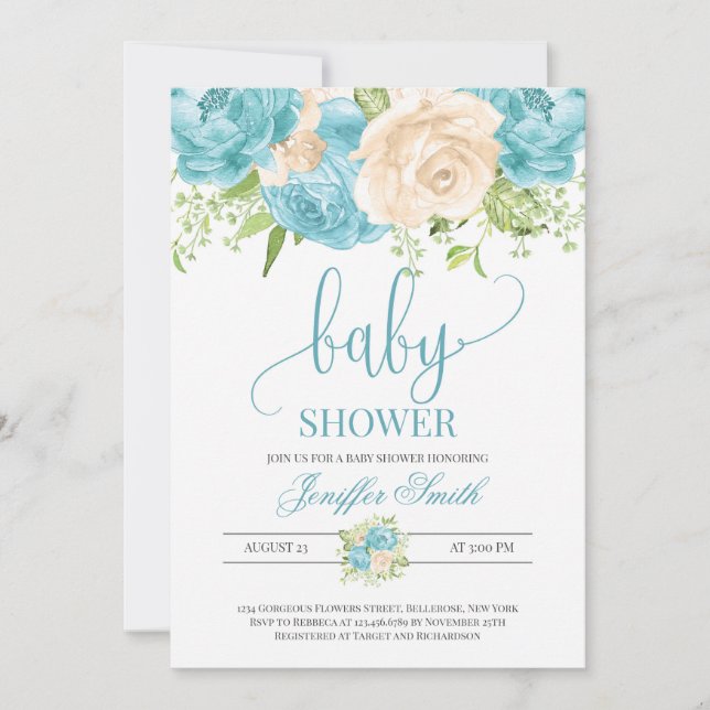 Invitation baby shower floral turquoise et crème moderne et é (Devant)