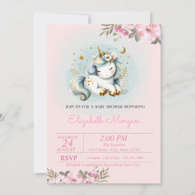Invitation Baby shower floral Unicorne bébé (Devant)