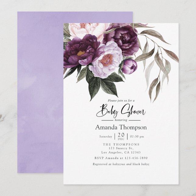 Invitation Baby shower Floral Velvet profond (Devant / Derrière)