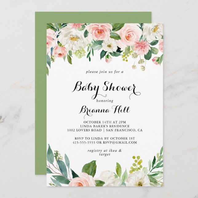 Invitation Baby shower Floral Vert Calligraphie (Devant / Derrière)