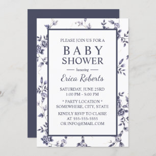 Invitation Baby shower Floral Vintage Bleu & Blanc