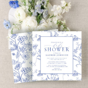 Invitation Baby shower Floral Vintage bleu et blanc chinois
