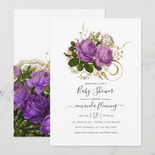 Invitation Baby shower Floral Vintage violet et or