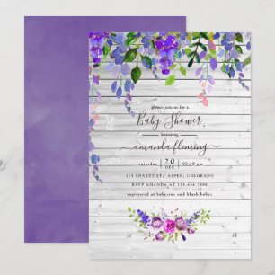 Invitation Baby Shower Floral Violet Aquarelle Rustique