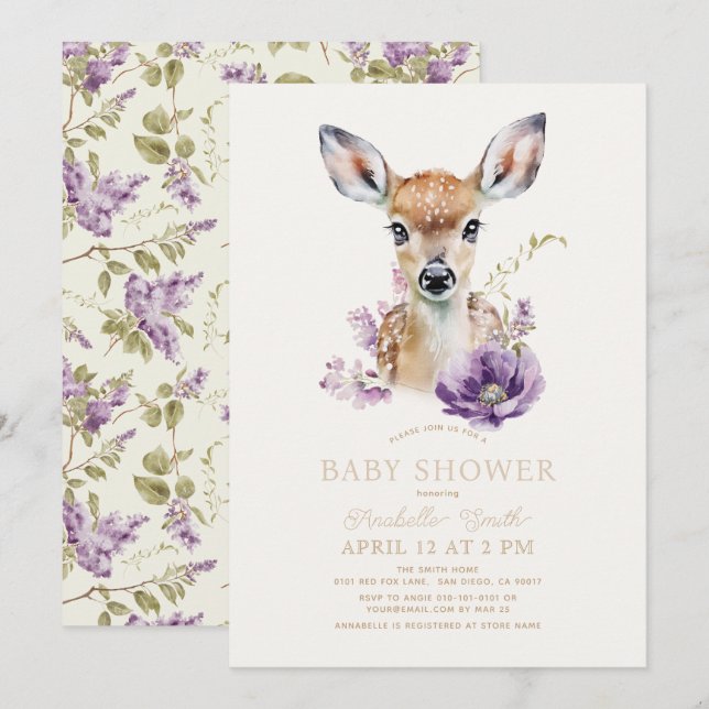 Invitation Baby shower Floral Violet De Cerf Faun (Devant / Derrière)