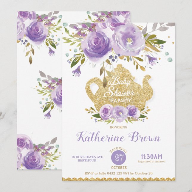 Invitation Baby shower floral violet High Tea Party Baby Girl (Devant / Derrière)