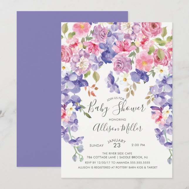 Invitation Baby shower Floral Violet Violet (Devant / Derrière)
