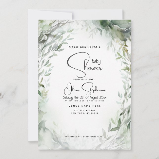 Invitation Baby shower - Foliage aquarelle (Devant)