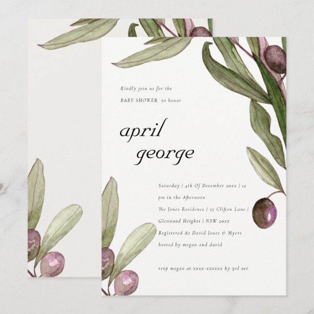 Invitation BABY SHOWER FOLIAGE COULEUR D'EAU OLIVE (Devant / Derrière)