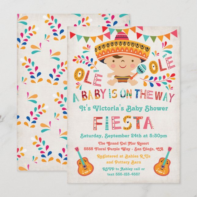 Invitation Baby shower Folk Art Mexicain Fiesta (Devant / Derrière)