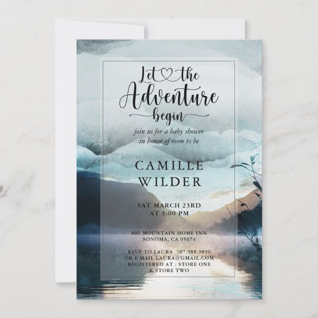 Invitation Baby shower Forest Adventure Mountain Lake (Devant)
