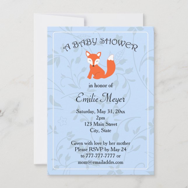 Invitation Baby shower forestier Blue Floral Fox (Devant)