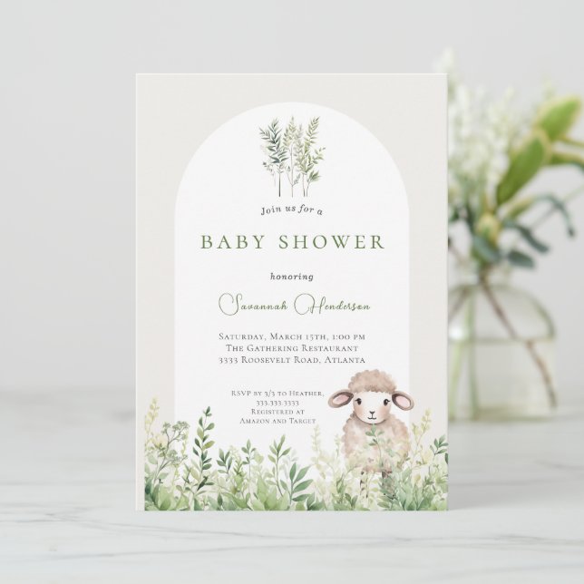 Invitation Baby shower forestier d'agneau animal (Debout devant)