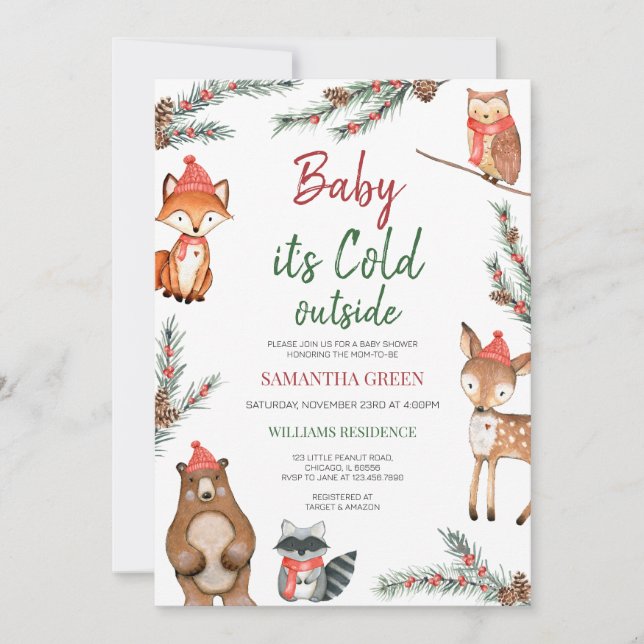 Invitation Baby shower forestier d'hiver (Devant)