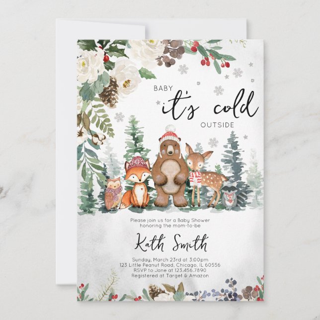 Invitation Baby shower forestier d'hiver neutre (Devant)