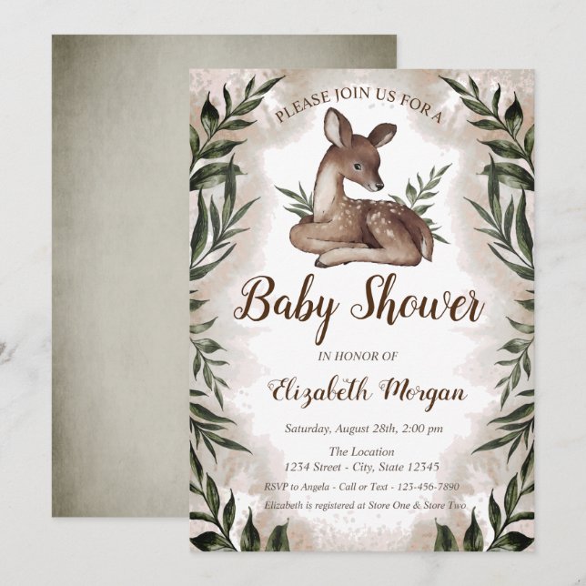 Invitation Baby shower forestier Feuille des cerfs-bébés (Devant / Derrière)