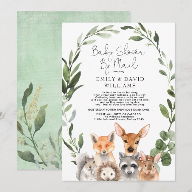 Invitation Baby shower forestier verdoyant simple par courrie (Devant / Derrière)