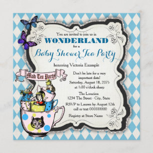 Invitation Baby shower fou de thé de chapelier du pays des