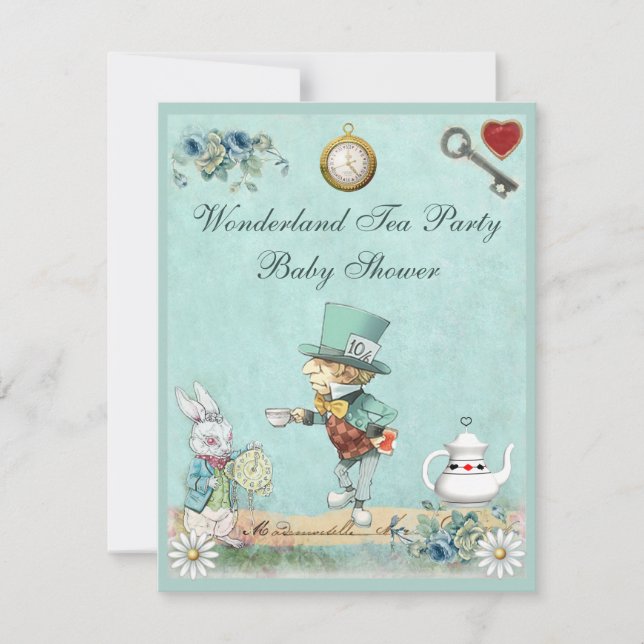 Invitation Baby shower fou de thé du pays des merveilles de (Devant)