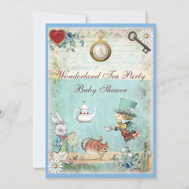 Invitation Baby shower fou de thé du pays des merveilles de (Devant)