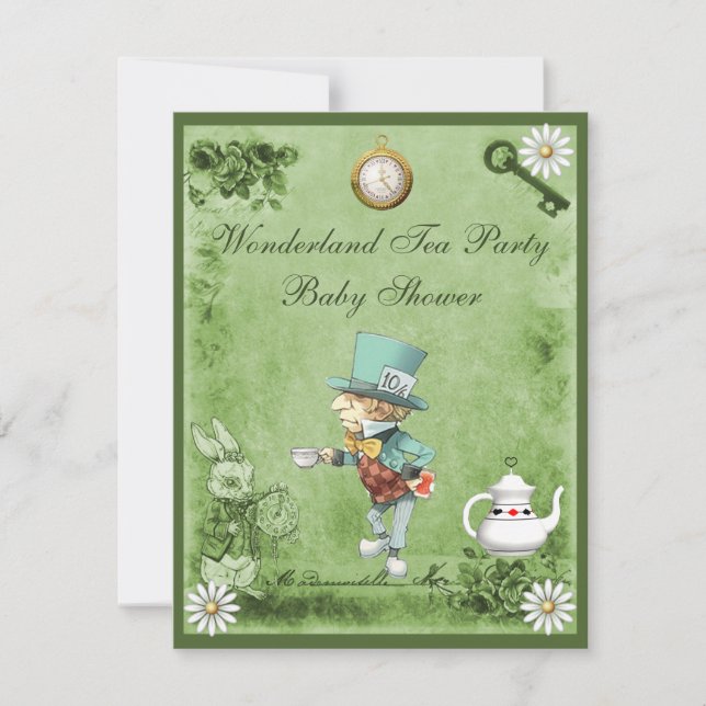 Invitation Baby shower fou vert de thé du pays des merveilles (Devant)