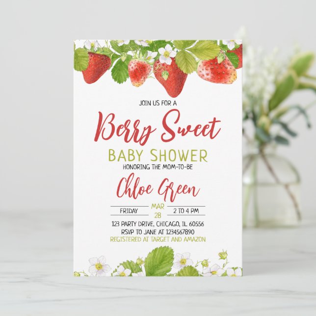 Invitation Baby shower fraise (Debout devant)