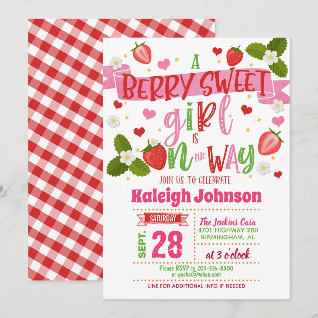 Invitation Baby shower fraise (Devant / Derrière)