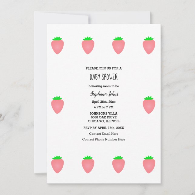 Invitation Baby shower fraise bébé fille rose blanc mignonne (Devant)