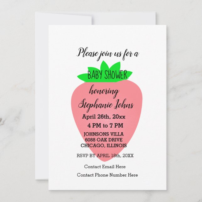 Invitation Baby shower fraise bébé fille rose personnalisée (Devant)