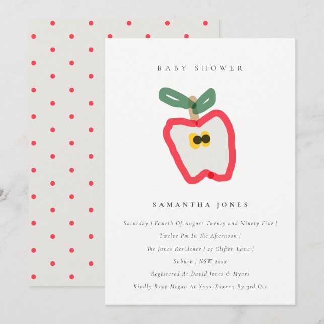 Invitation Baby shower Fruit Pomme dessiné à la main pour enf (Devant / Derrière)