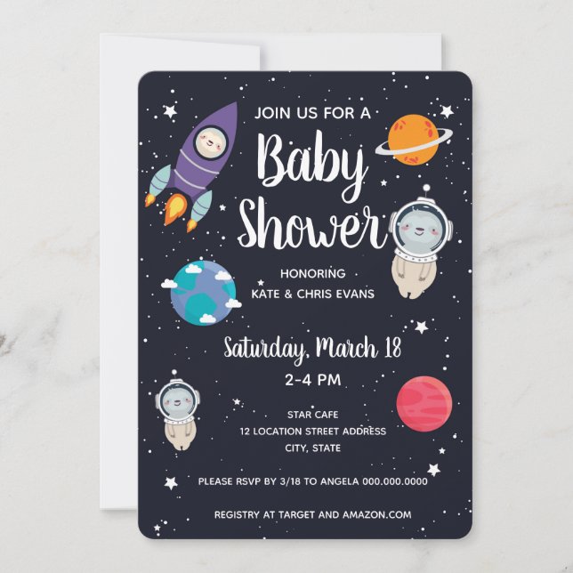 Invitation Baby shower Galaxy de la Sloth Space Navy (Devant)