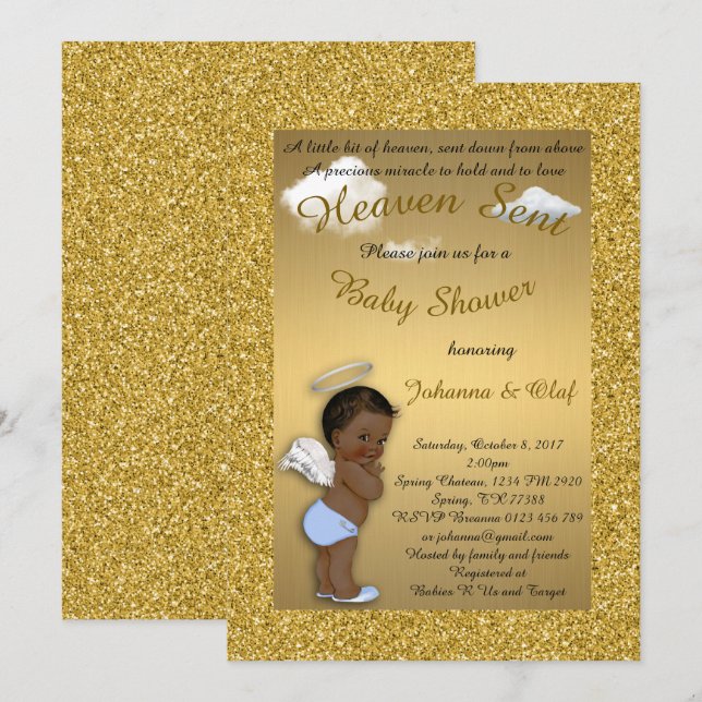Invitation Baby shower garçon, Afro-américain, Bébé ange, Or (Devant / Derrière)
