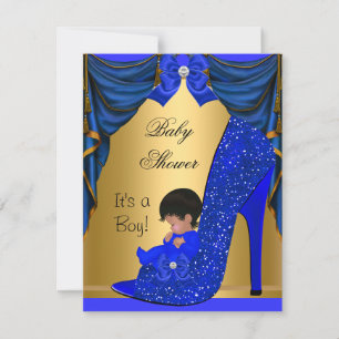 Invitation Baby Shower Garçon Afro-Américain Chaussure Bleue 
