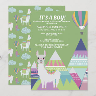 Invitation Baby shower Garçon Alpaca vert