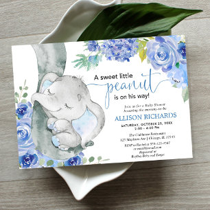 Invitation Baby shower garçon, aquarelle bleu fleurie d'éléph