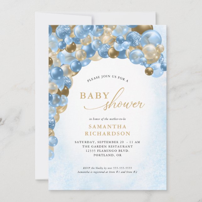 Invitation Baby shower Garçon Arch Bleu et Or (Devant)