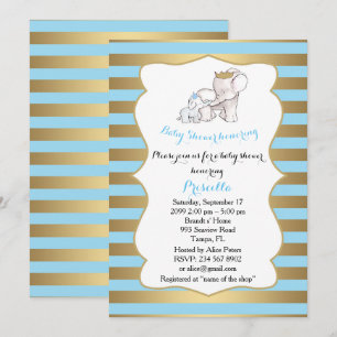 Invitation Baby shower GARÇON, bande,bleu,or,,éléphants