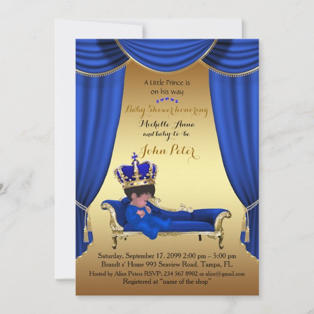 Invitation Baby shower GARÇON, bande dorée, bleu & or. (Devant)