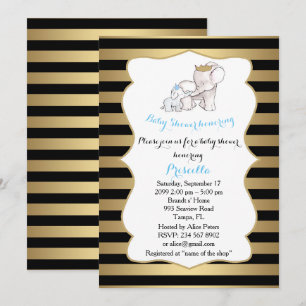 Invitation Baby shower GARÇON, bande,noir,or,,éléphants