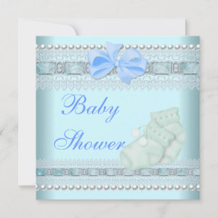 Invitation Baby shower Garçon Bébé Bleu Booties Pearl Lace