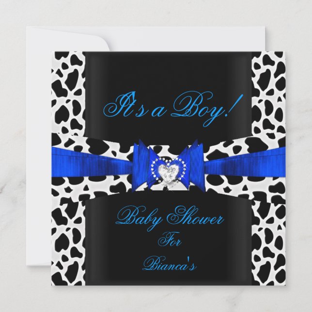 Invitation Baby shower Garçon Bébé Bleu Noir Blanc Vache Impr (Devant)