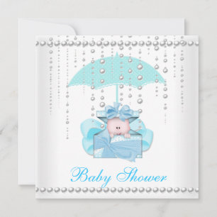 Invitation Baby shower Garçon Bébé Bleu Parapluie Pearl Blanc