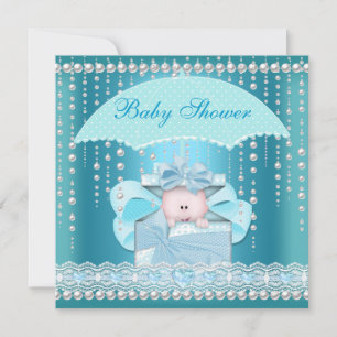 Invitation Baby Shower Garçon Bébé Parapluie Bleu Perle