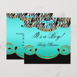 Invitation Baby shower Garçon bébé Turquoise Bleu noir Zèbre 